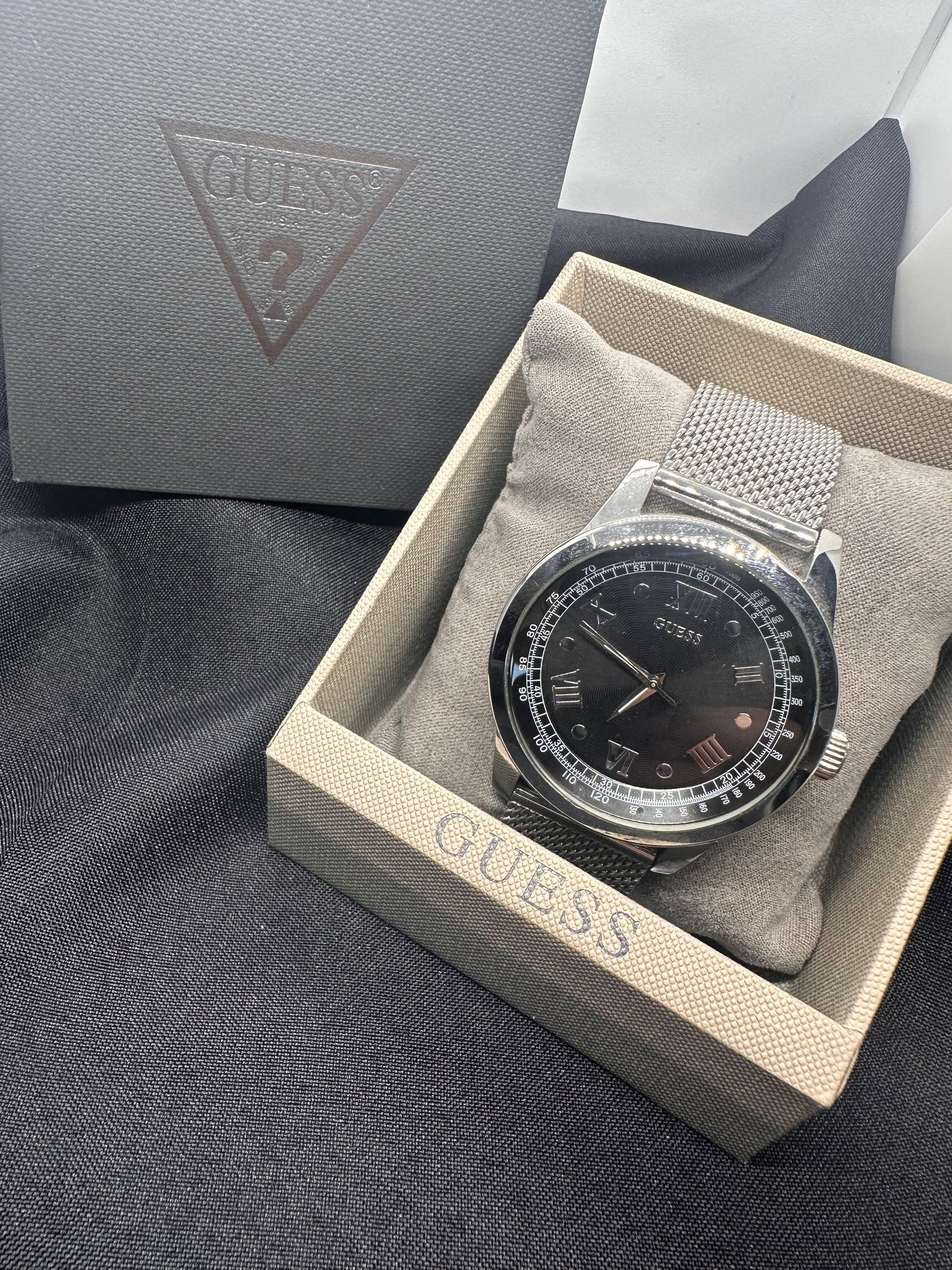 Guess Men Black Dial Mesh Stainless Steel Strap