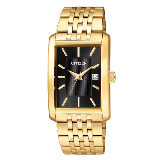 Men's Citizen Quartz Gold-Tone Watch with Tonneau Black Dial